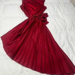 Red Satin Pleated Women’s Dress with Waist Tie